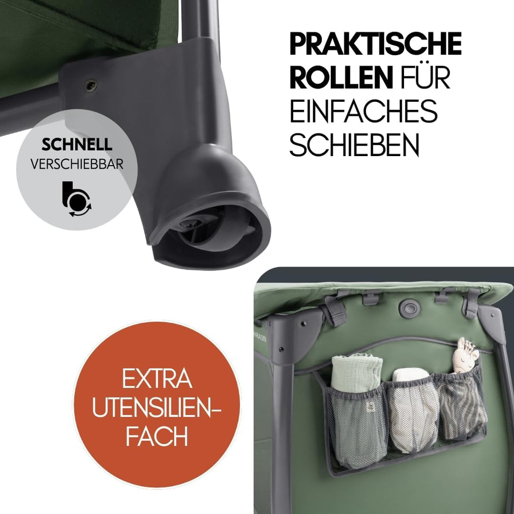 hauck Baby Reisebett Play n Relax Center Set mit Komfort Matratze und Insektenschutz - Babyreisebett mit Neugeborenen Einsatz, Wickelauflage und Tasche (höhenverstellbar & faltbar) - Dark Blue