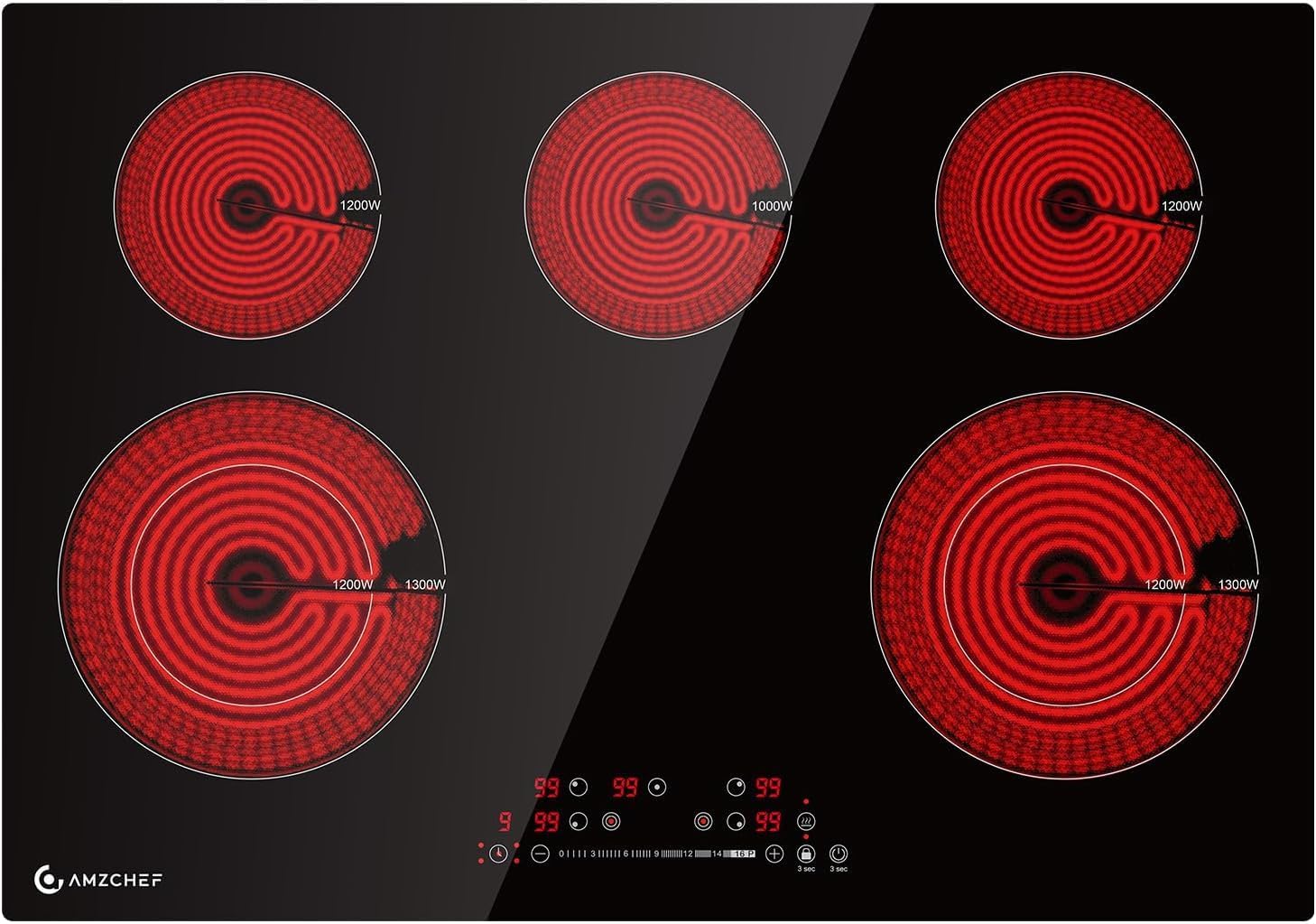 AMZCHEF Piano Cottura a Induzione 5 Zone, Incasso, con Funzione Booster e 9 Livelli, Funzione Pausa e Mantenimento in Caldo, Piano Cottura a Induzione con Controlli Slider, Timer Multifunzione, 7400W