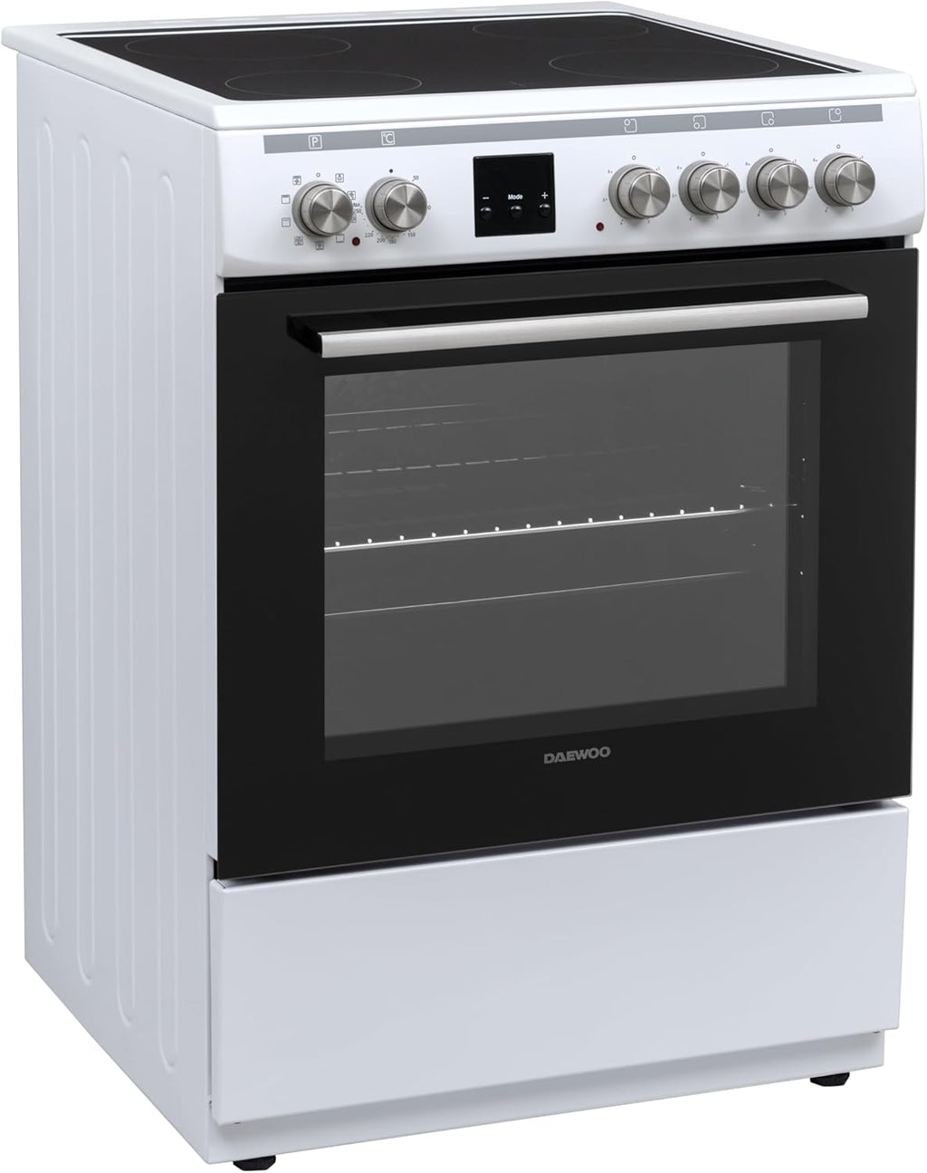 Cucina Daewoo F6EV22WL3DE con piano cottura in vetroceramica, classe energetica A, volume forno: 65 L, 8 funzioni di cottura con calore superiore/inferiore, smalto facile da pulire, 4 zone di cottura, bianca