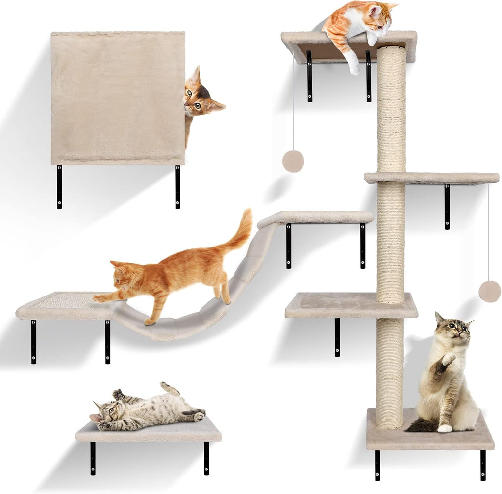 Zvonema Kletterwand 10-teilig-Katzenhängematte,Hängebrücke mit Rutschfestem Sisal,Kratzsäulen mit Sisal,Ruhe und Spielwandregal mit Spurenkugel,Kletterwand für Katzen bis 10 kg