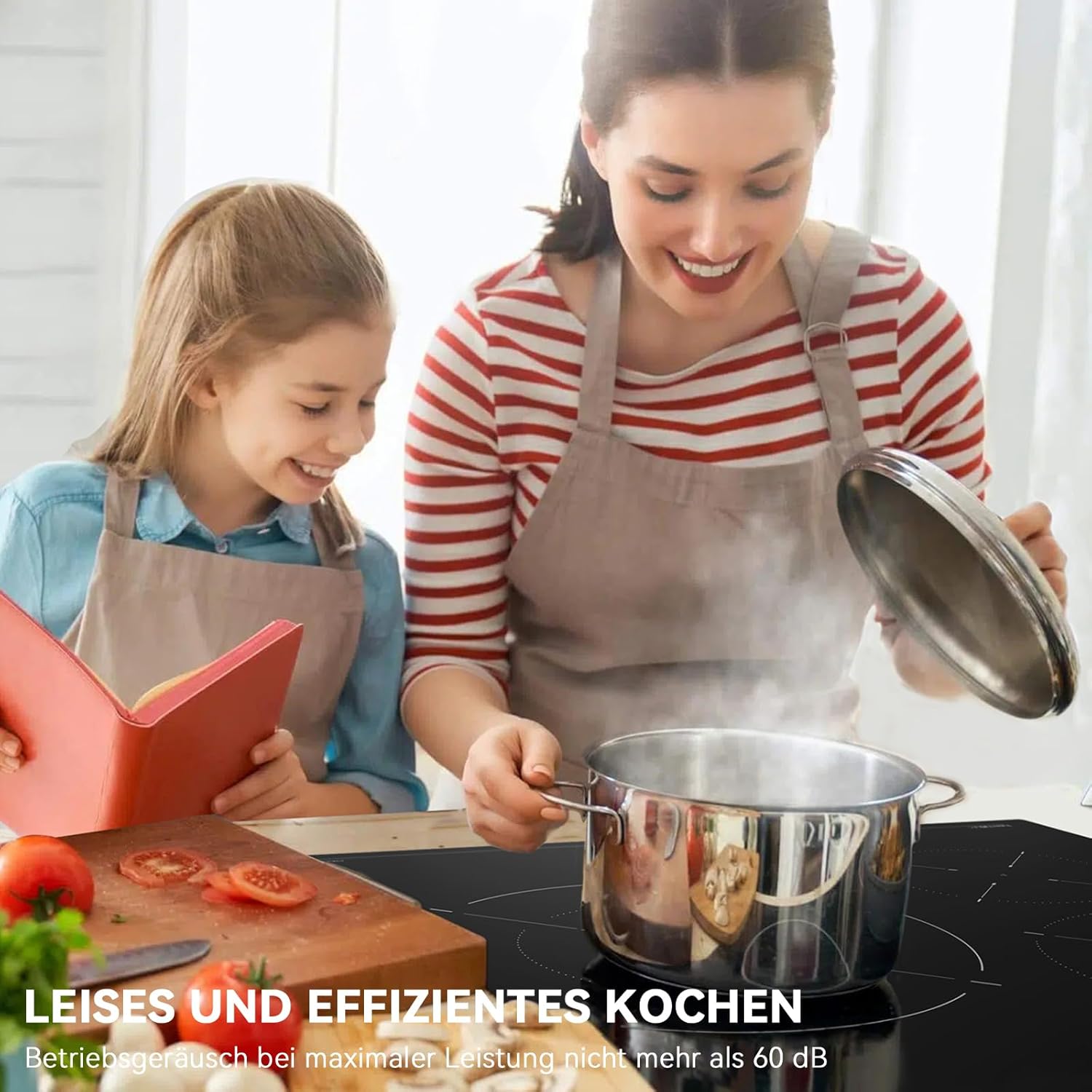 Induktionskochfeld 60cm, Eingebautes Schwarzes elektrisches Kochfeld, mit 4 Kochzonen, 9 Leistungsstufen, Geeignet für Eisen- und Edelstahltpf