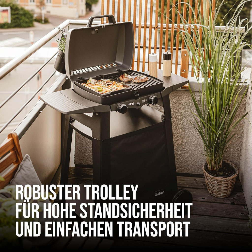Enders Gasgrill Urban II Pro, barbecue da tavolo, funzione grill, cottura e forno, 2 bruciatori in acciaio inox, con termometro per grill, barbecue da balcone e campeggio, corpo in alluminio pressofuso, griglia in ghisa, #2062