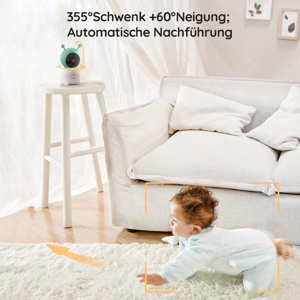 BOIFUN Babyphone mit 2 Kamera App, 2K HD Bild, PTZ 355°/60°, 4×Zoom, Automatische Verfolgung, Weinen/Bewegungs/Geräuscherkennung, Temperatur und Feuchtigkeitsmessung