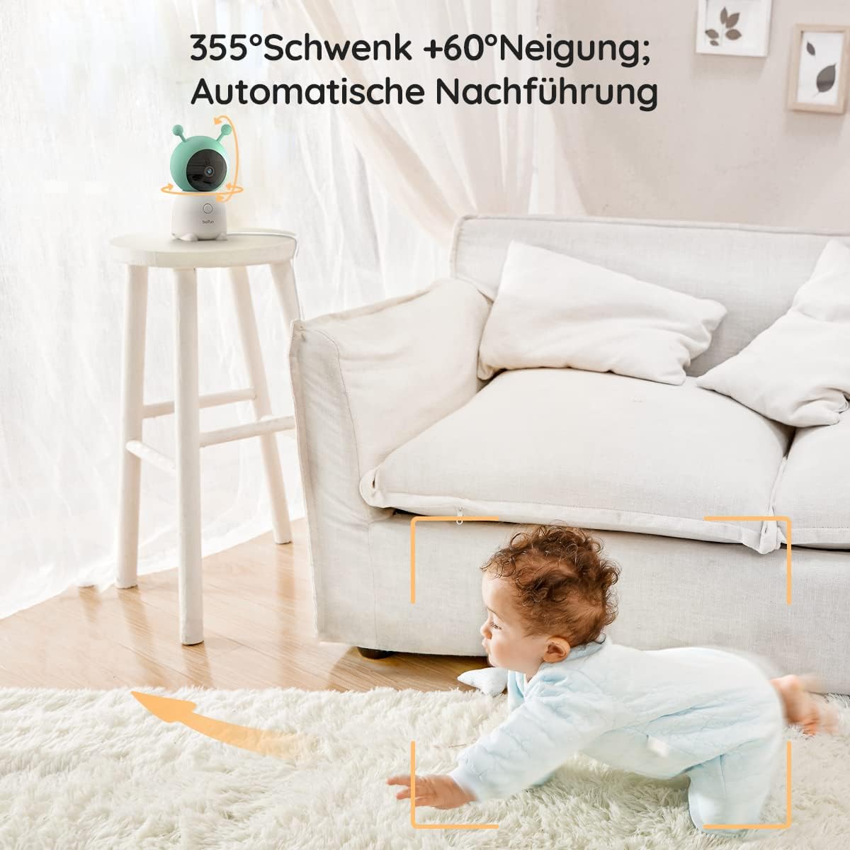 BOIFUN Babyphone mit 2 Kamera App, 2K HD Bild, PTZ 355°/60°, 4×Zoom, Automatische Verfolgung, Weinen/Bewegungs/Geräuscherkennung, Temperatur und Feuchtigkeitsmessung