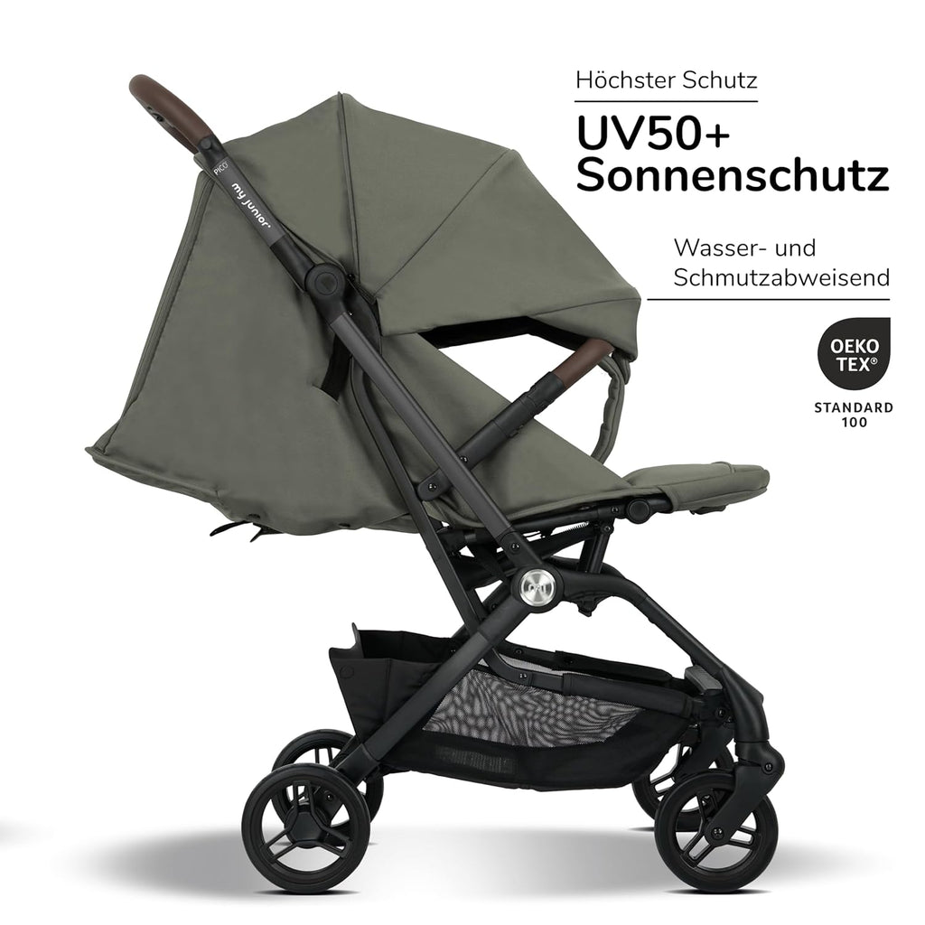 my junior® Buggy PICO³ | bis 22kg | Einhand AutoFold-Klappmechanismus | Ergonomische Liegeposition nach IGR e.V. | großes Sonnenverdeck UV50+ | Handgepäckmaß | 2 Belüftungsfenster Hazel - Black