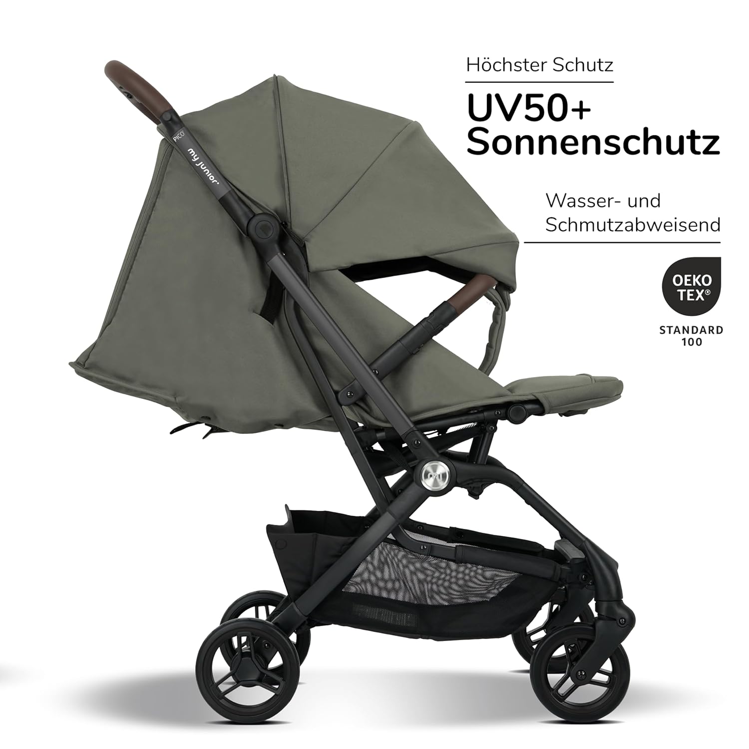 my junior® Buggy PICO³ | bis 22kg | Einhand AutoFold-Klappmechanismus | Ergonomische Liegeposition nach IGR e.V. | großes Sonnenverdeck UV50+ | Handgepäckmaß | 2 Belüftungsfenster Hazel - Black