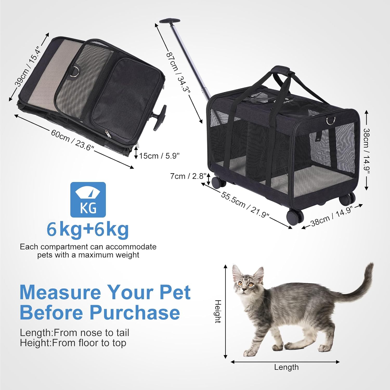 FASNATI Extra groe Doppel-Fach-Haustier-Tragetasche mit abnehmbaren Rdern für Katze/Hund, faltbare Rolltrage für 2 Katzen, Haustier-Katzen-Reisetrage für Spaziergnge/Camping, Grau