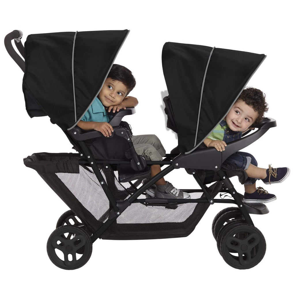 Graco Stadium Duo Passeggino Gemellare, 0-15 kg, utilizzabile anche con seggiolino auto, schienali reclinabili, pieghevole, sta in piedi da solo, ampio cestello portaoggetti, include vassoi portaoggetti, Titanium