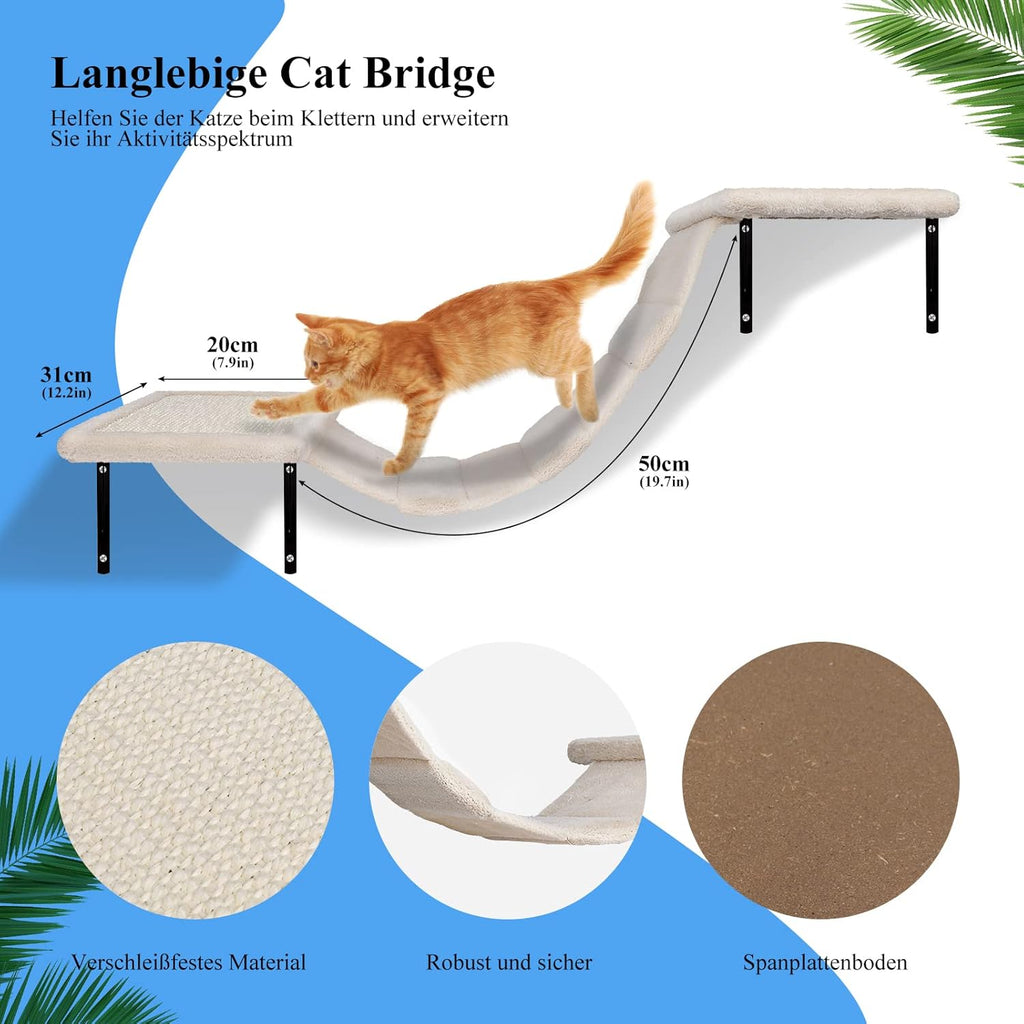 Zvonema Kletterwand 10-teilig-Katzenhängematte,Hängebrücke mit Rutschfestem Sisal,Kratzsäulen mit Sisal,Ruhe und Spielwandregal mit Spurenkugel,Kletterwand für Katzen bis 10 kg