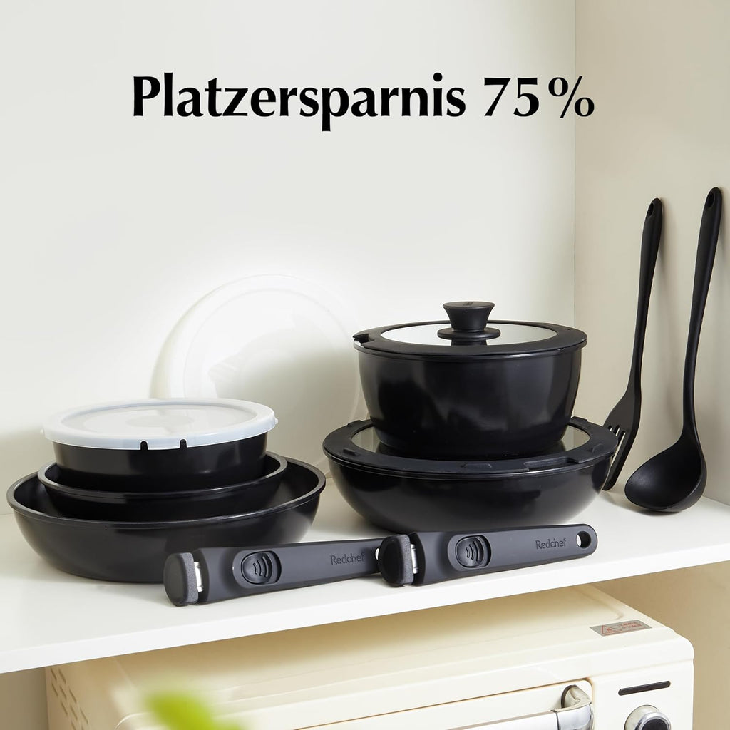 Redchef Topfsets Pfannenset 16-Teilig Antihaft-Keramik-Kochgeschirr-Set mit Abnehmbaren Griffen, Pfanne 20/26cm, Tiefe Bratpfanne 26cm, Topf 18/20cm, Stapelbar Topfset Für alle Herdarten, Ofenfest