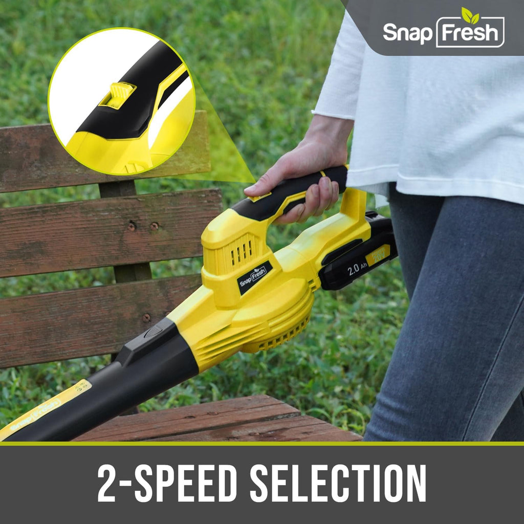 SnapFresh Soffiatore a Batteria 20V, Soffiatore Elettrico Senza Fili con Batteria e Caricabatterie - 210 km/h 240 m/h / 2 Velocità dell'Aria / Leggero Compatto 1,2 kg per Cura del Prato, Giardino, Cortile (Giallo)