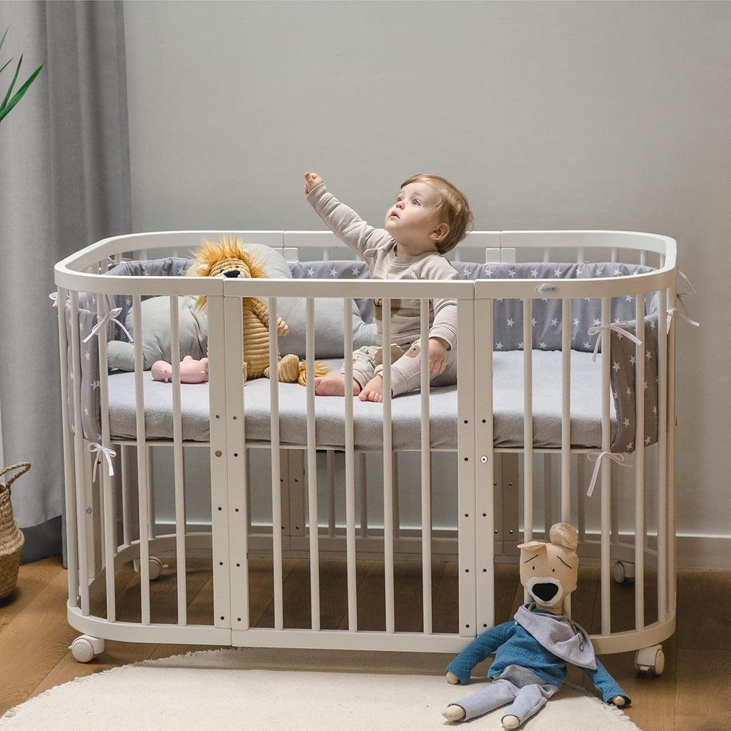 Waldin Lettino per bambini in legno 7in1 con materasso, Letto "Cresci con me", Ventilato, Base regolabile in 5 altezze, Set All-Inclusive, Legno Bianco