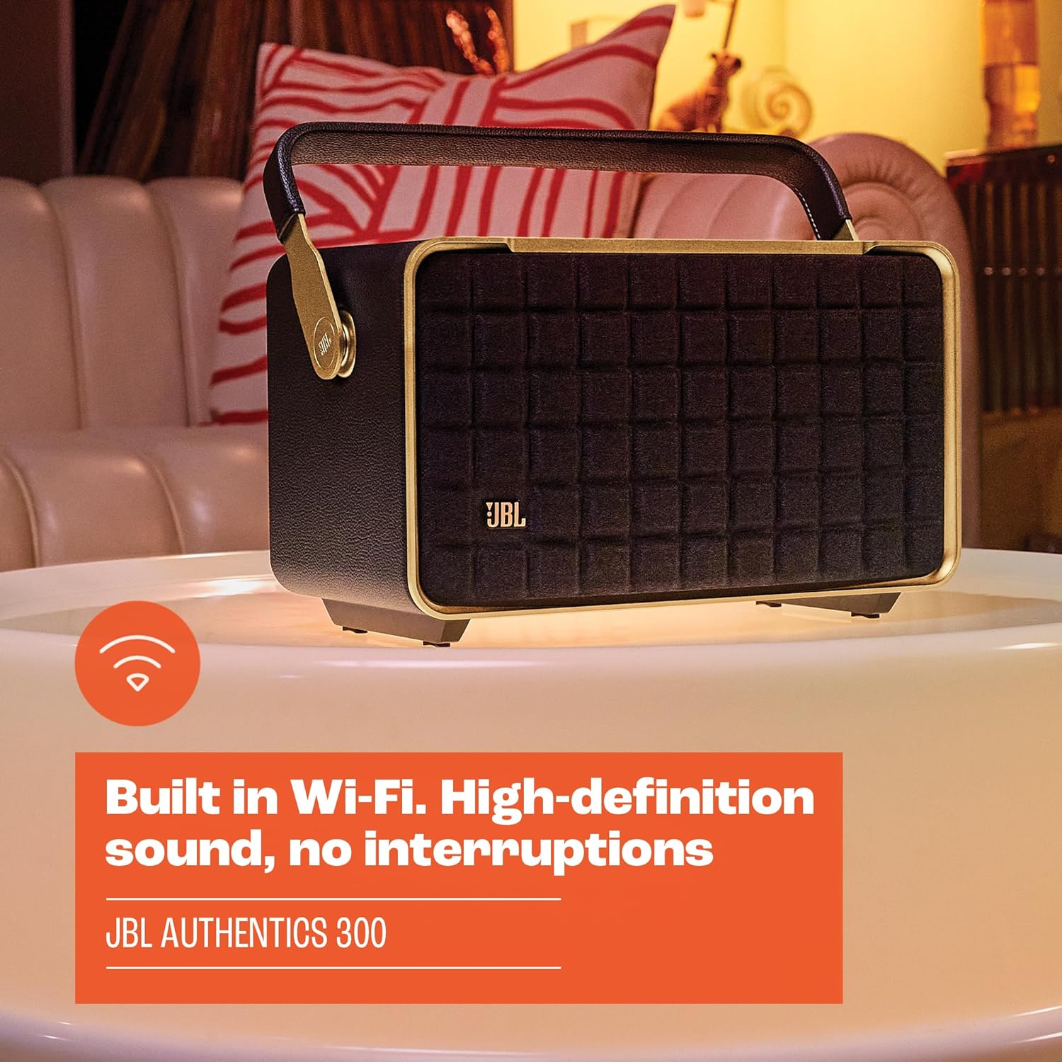 JBL Authentics 200 Smart Home Altoparlante – Cassa Bluetooth dal design retrò anni '70 – Con griglia Quadrex, Google Assistant, Alexa, AirPlay e JBL One App – Nero