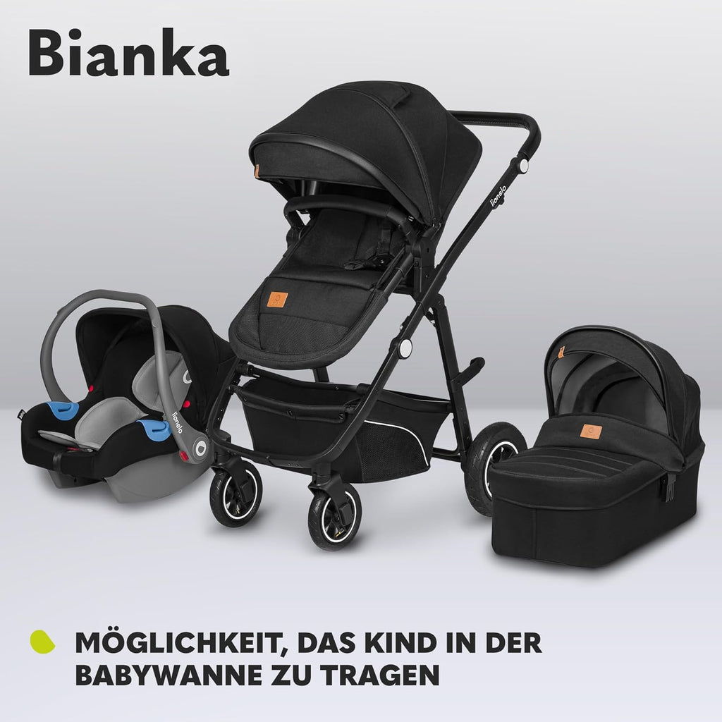LIONELO BIANKA Kinderwagen 3 in 1 bis 22 kg Babywanne Autositz Zusammenlegbar, Reise-System, Einstellung der Rückenlehne, Räder 360o Stoßdämpfer, Verdeck XXL