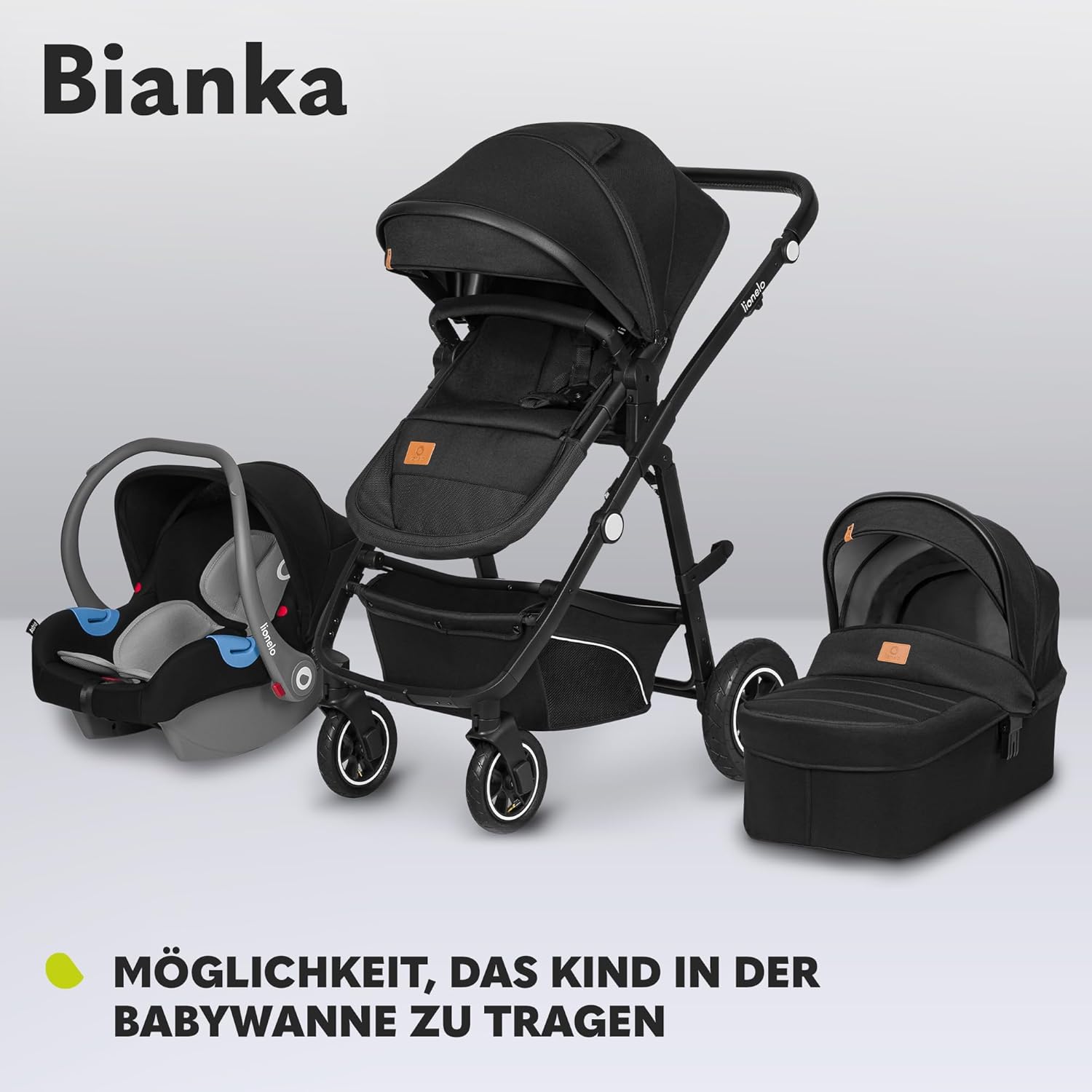 LIONELO BIANKA Kinderwagen 3 in 1 bis 22 kg Babywanne Autositz Zusammenlegbar, Reise-System, Einstellung der Rückenlehne, Räder 360o Stoßdämpfer, Verdeck XXL