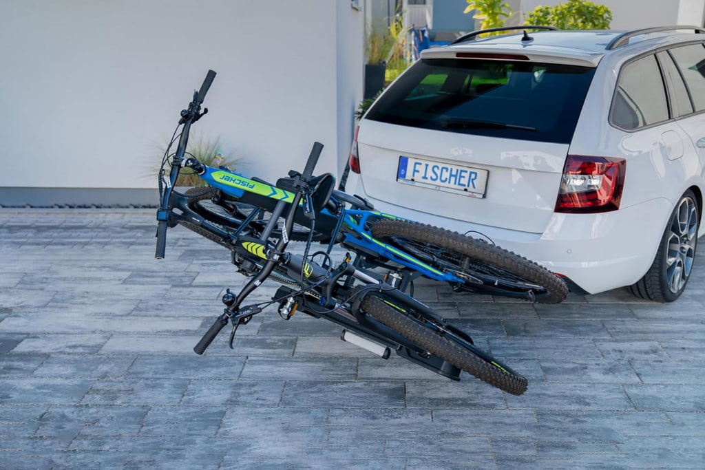 Fischer Portabici da Gancio Traino Proline Evo 2, per 2 biciclette fino a 60 kg di carico utile, adatto per e-bike, preassemblato, con serratura, pieghevole