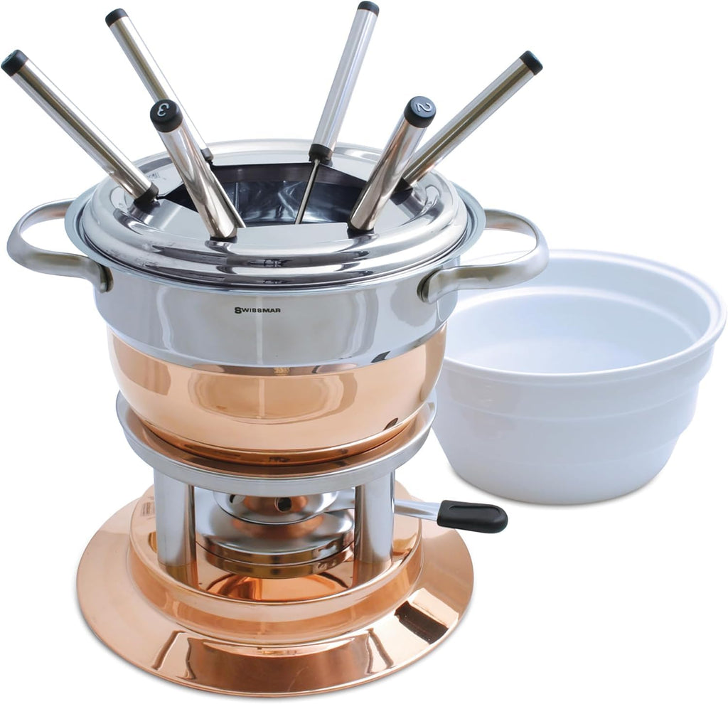 Swissmar F66415 Lausanne Fondue Set 11-teiliges, Kupfer/Edelstahl, 1.8L, Fondue-Set für Fleisch, Käse und Schokolade, für 6 Personen, Geschenkset