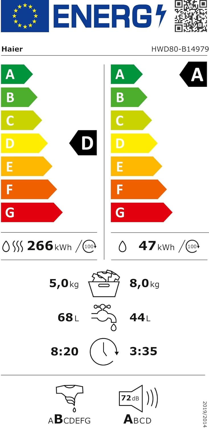 Lavasciuga Haier I-PRO SERIE 7 HWD80-B14979 / 8 kg Lavaggio / 5 kg Asciugatura / Motore Direct Motion - estremamente silenzioso / Cesto XL / Programma vapore I-Refresh / Protezione completa dall'acqua