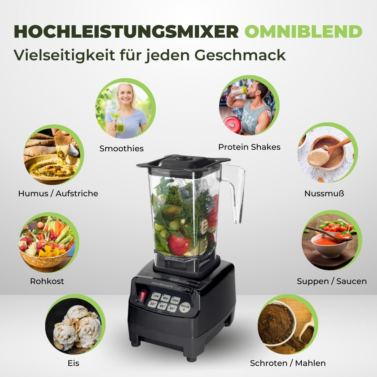 OmniBlend Frullatore 2L nero I Frullatore per smoothie con contenitore senza BPA e sistema a 6 lame in acciaio inox I Frullatore ideale per smoothie verdi I Frullatore da tavolo con motore da 3 CV