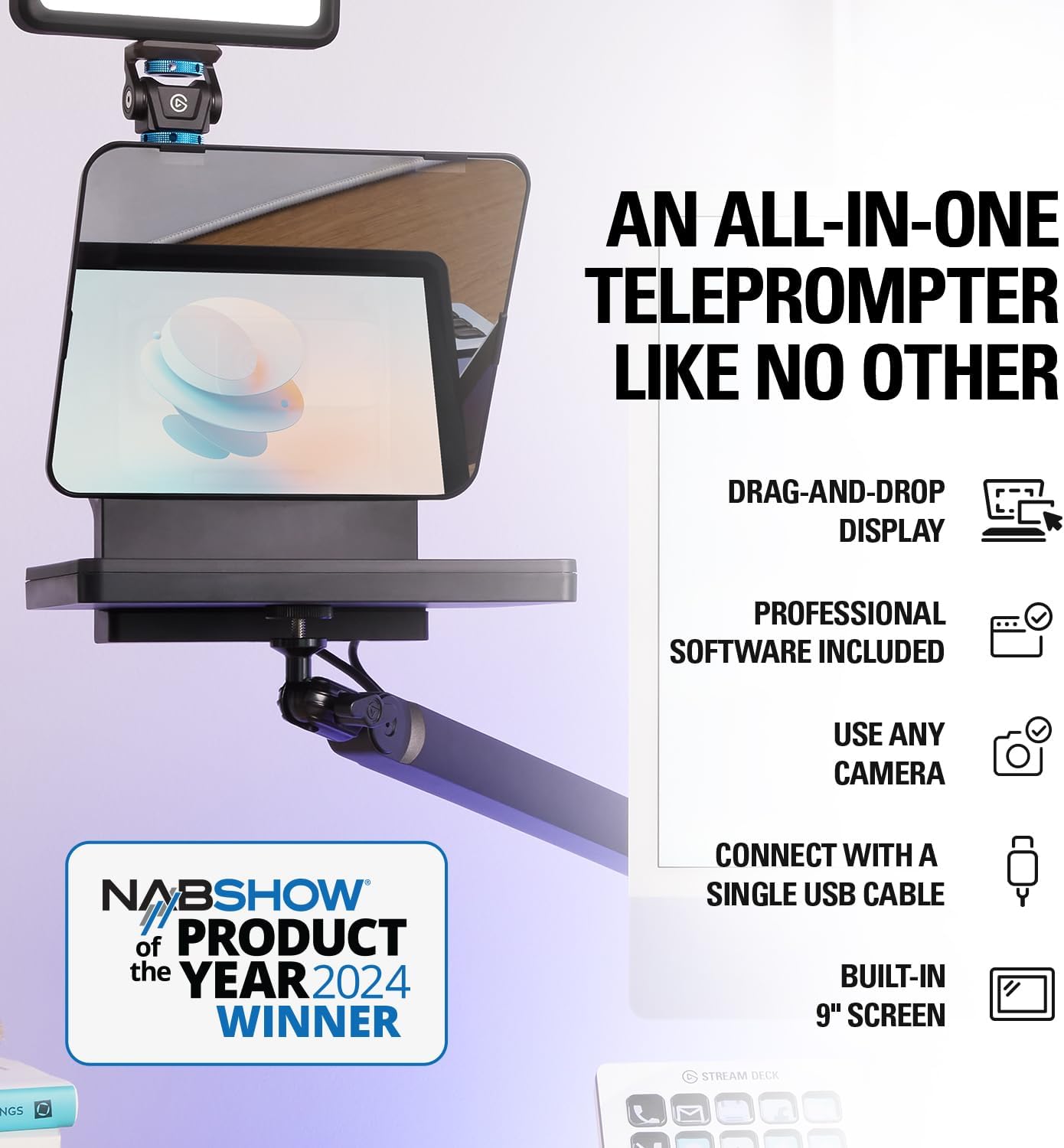 Elgato Prompter – Teleprompter mit integriertem Bildschirm für YouTube, Twitch, Zoom, Teams und mehr, unterstützt DSLR/Webcam/Smartphone, Drag&Drop-Monitoranzeige, funktioniert mit Mac/PC&Stream Deck