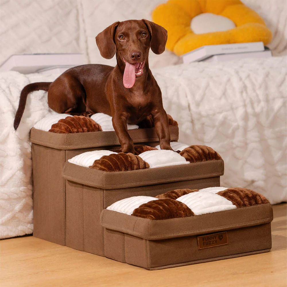 Stylish and handmade dog stairs with practical storage for joint protection
