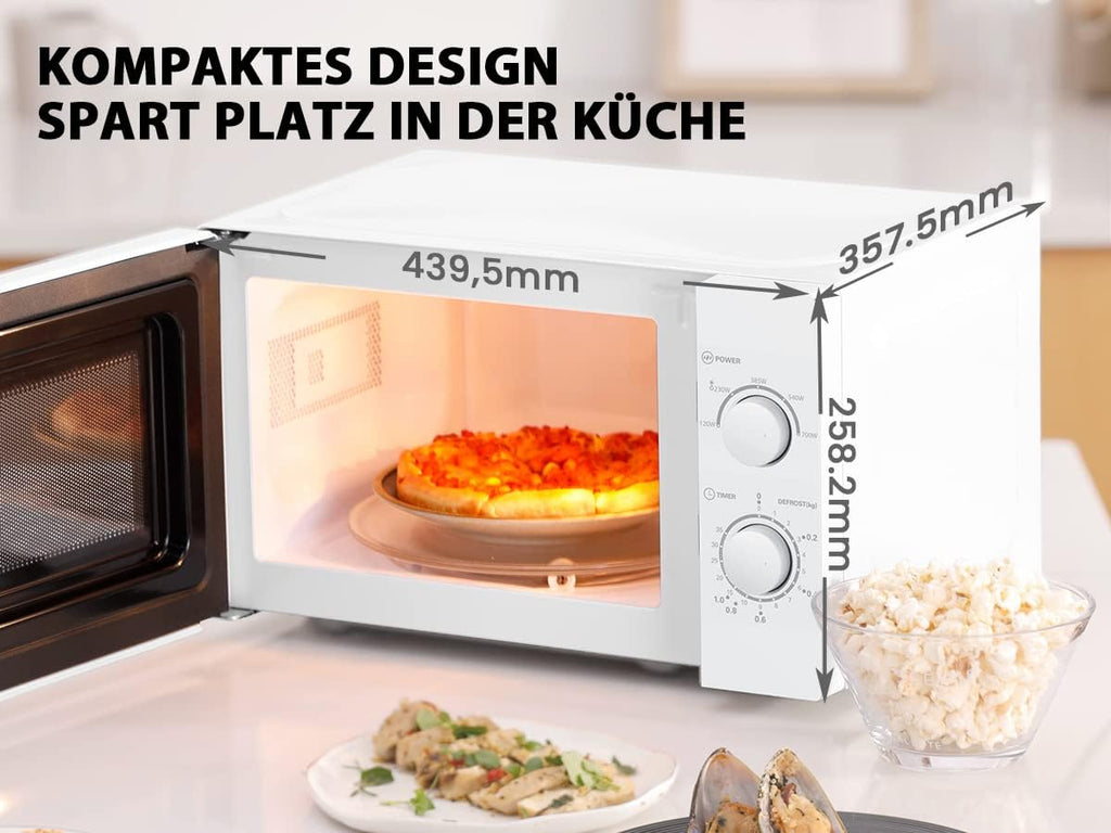 Comfee CMSN 20 wh Microonde/Solo microonde con 5 livelli di potenza/Illuminazione interna/Funzione di scongelamento facile/Piatto girevole a 360°/Due manopole rotanti/20L/700W/Bianco, Meccanico