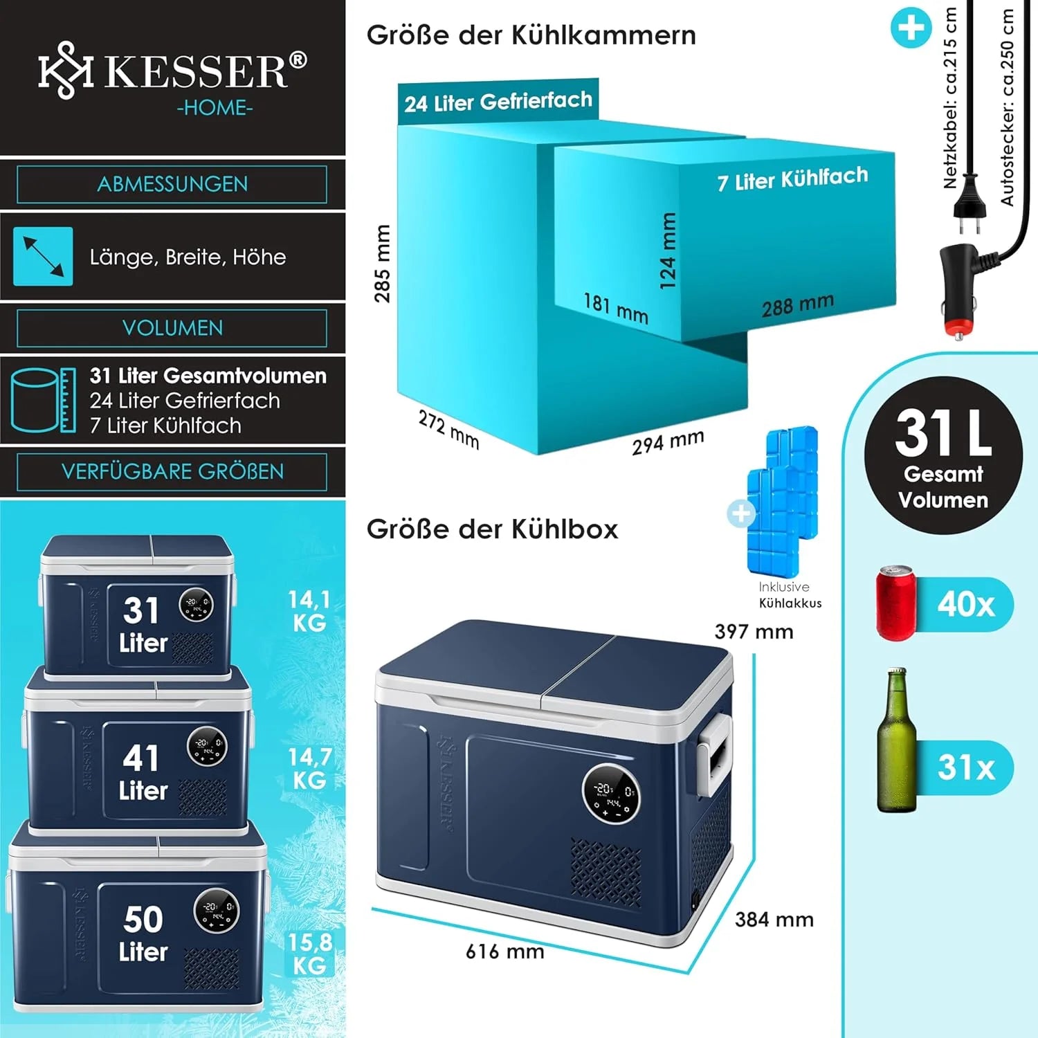 KESSER® Frigorifero portatile a compressore 2in1 doppia zona frigo e congelatore, congelatore elettrico con 2 accumuli di freddo e controllo touch LED | Refrigerazione fino a -20 °C per campeggio, auto, camion 12/24V 230V