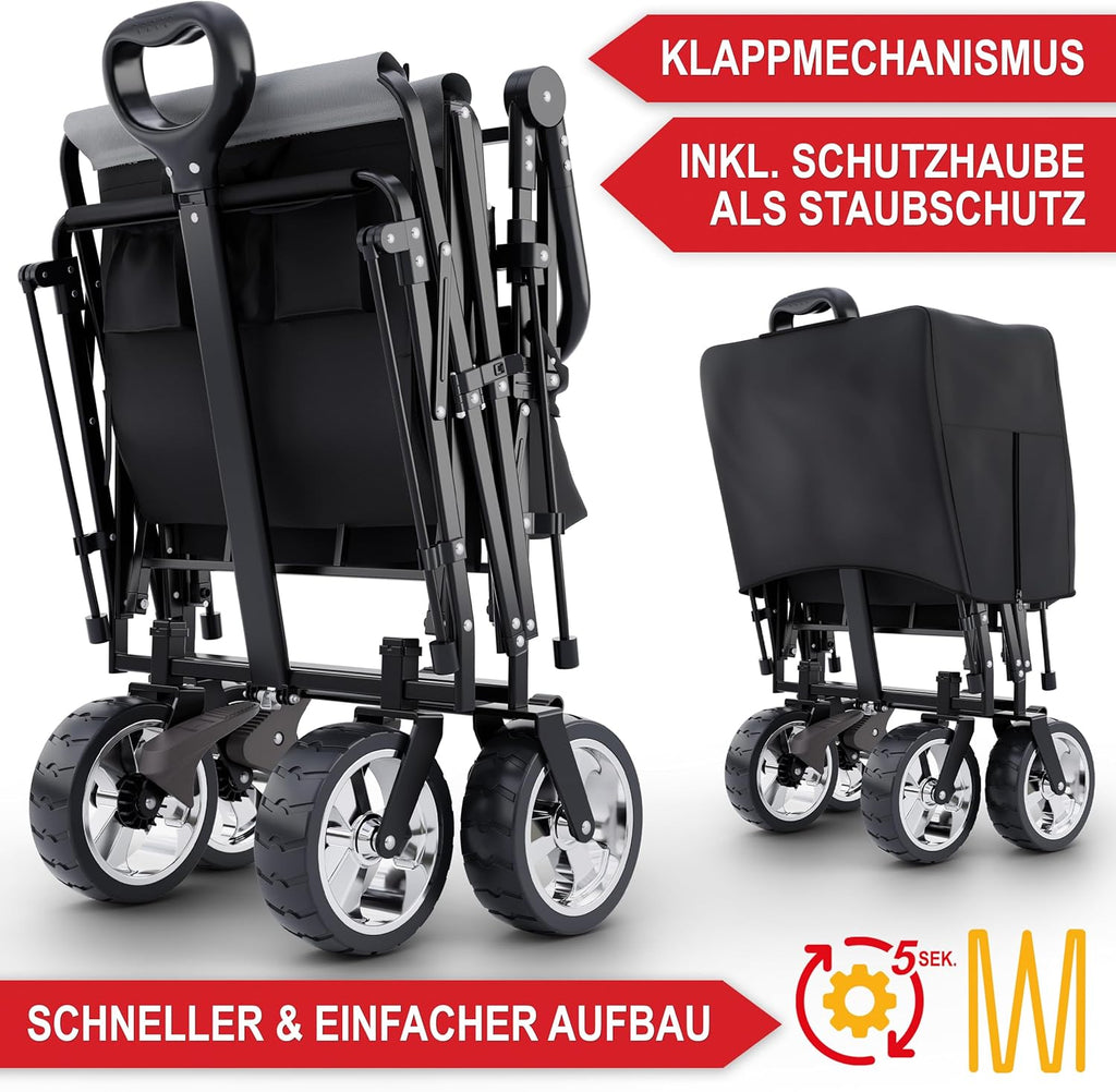 ONBEST Carretto Pieghevole - Con Parapioggia - Carrello Pieghevole con Tetto 100 kg di Carico - Tetto Parasole - Borsa Termica - Portabicchieri - Outdoor - Carrello da Spiaggia Pieghevole (Nero)