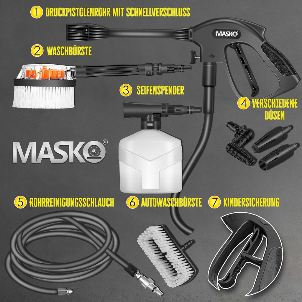MASKO® Idropulitrice 2200 Watt 165 bar 450 l/h, con avvolgitubo 10m, set accessori 9 pezzi, con serbatoio per sapone e ugello schiumogeno, pistola ad alta pressione per auto/recinzioni/giardino/pati (Grigio)