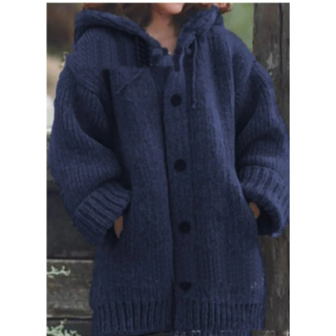 Kuscheliger Strickmantel mit Kapuze und Knpfen für Damen