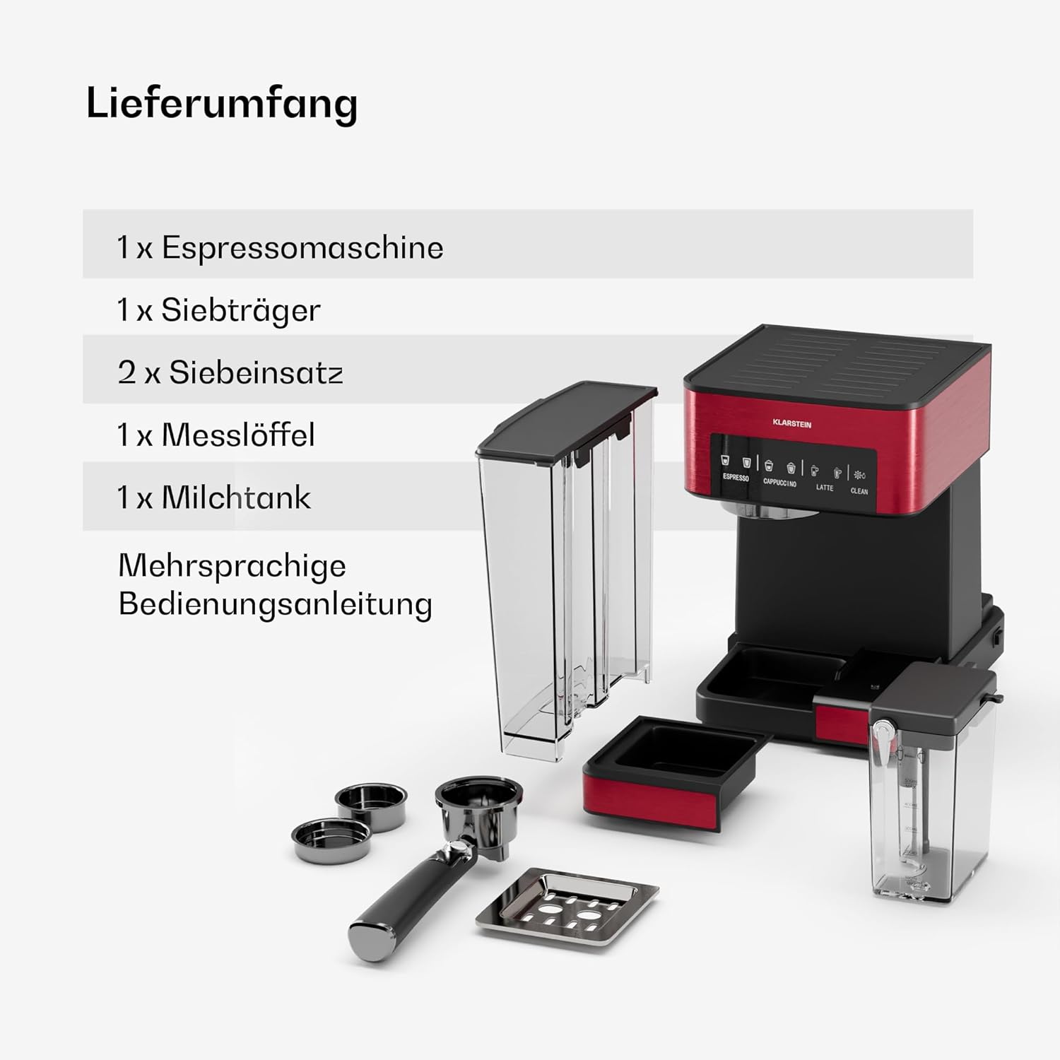 Klarstein Macchina da Caffè Espresso con Lancia Vapore, Macchinetta Caffè con Portafiltro, 1,8 L, 20 Bar, Acciaio Inox, Piccola, Serbatoio Latte 0,5 L, 1350 W, per Caffè in Polvere