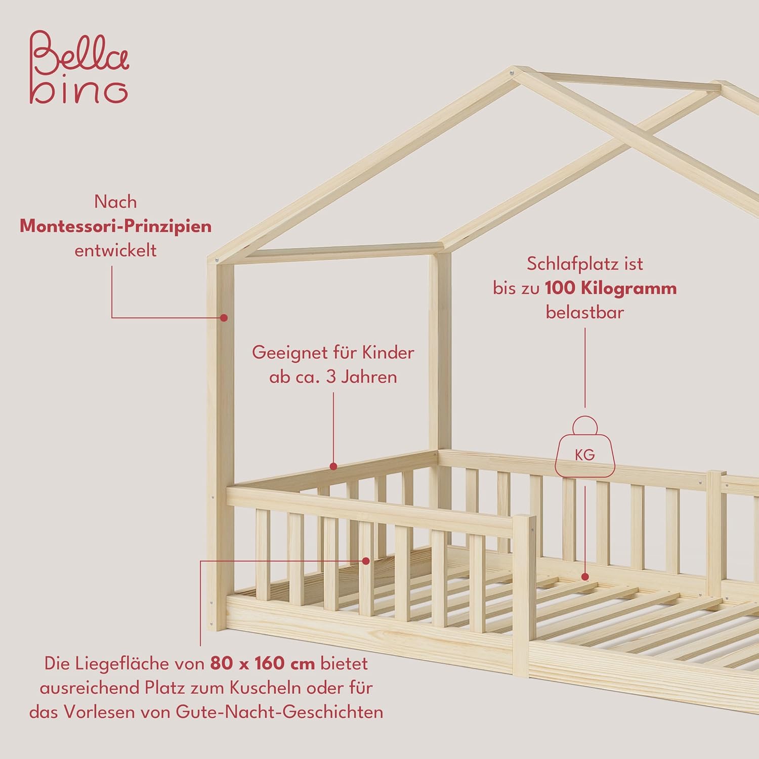 Bellabino Lettino per bambini Bia 140x200 cm, letto a capanna per bambini con protezione anticaduta e rete a doghe arrotolabile, letto a terra Montessori bianco in legno massello di pino