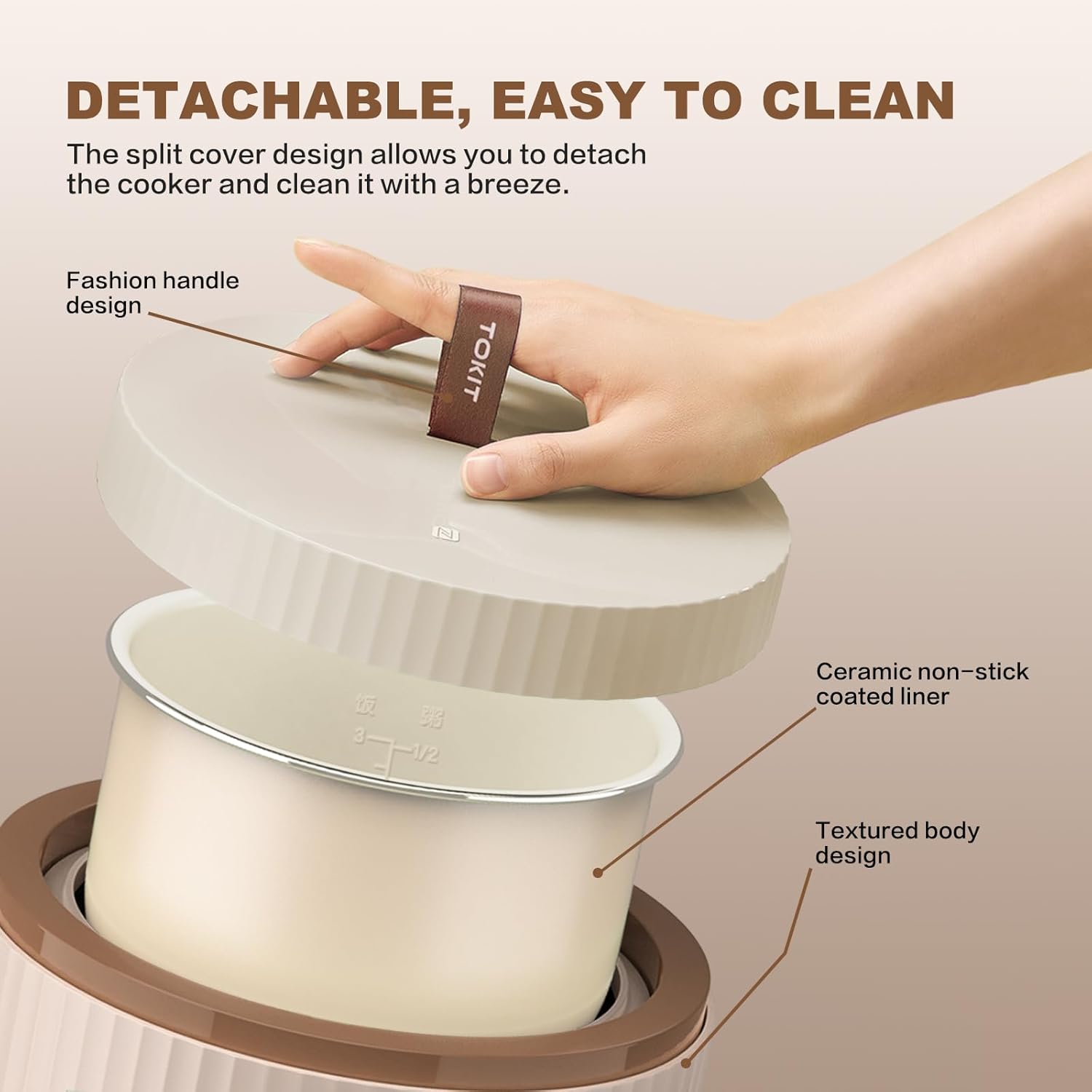 TOKIT Cuociriso 1.5L Pro Mini Piccolo ma Multifunzione con Tasto Touch Display per 1-3 persone Pentola Interna Antiaderente Rivestita in Ceramica (Bianco)