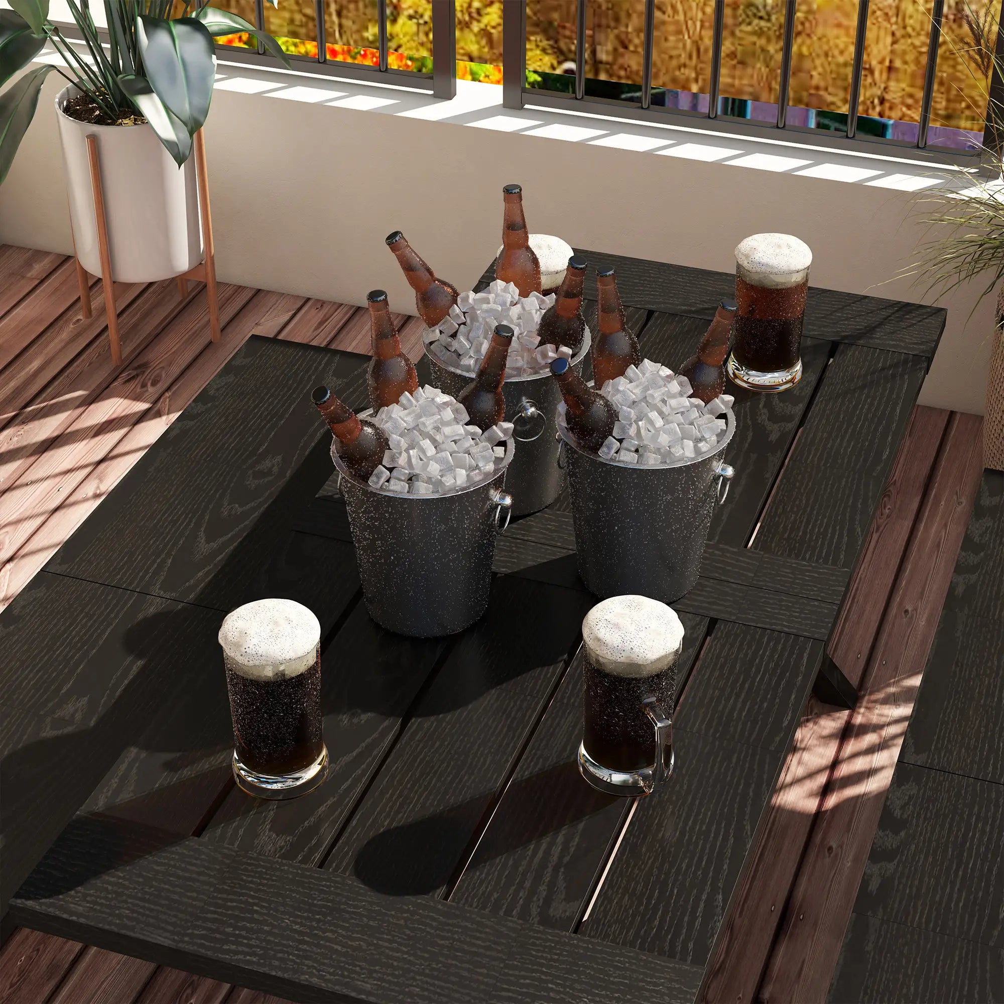 Outsunny Set Tavolo da Birreria 3 pz. con Foro per Ombrellone Effetto Legno