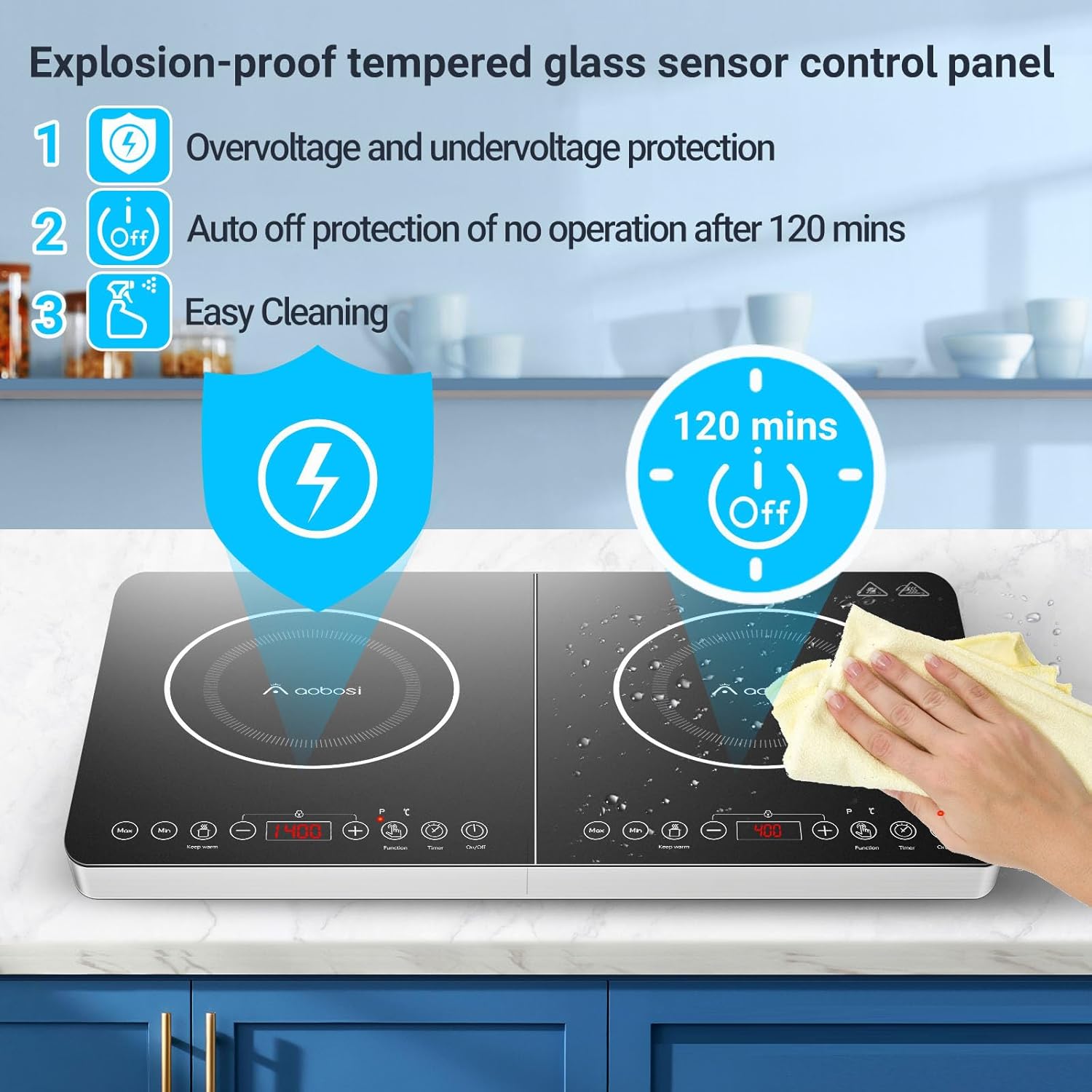 Piano Cottura a Induzione, Piano Cottura Doppio Portatile Aobosi con Funzione Scaldavivande, 10 Livelli di Temperatura e 6 Livelli di Potenza, Timer, Tasto Max e Min, 3500 Watt, Controllo Touch Sensor