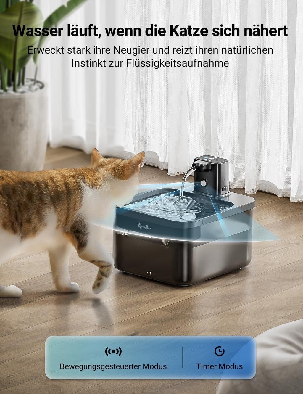 DownyPaws 2.5L Trinkbrunnen für Katze Kabellos, Katzenbrunnen Kabellos mit Bewegungsmelder, Batteriebetrieben Katzentrinkbrunnen, 4000mAh, Leise Wasserpumpe, Tablett aus Edelstahl für Katze, Schwarz