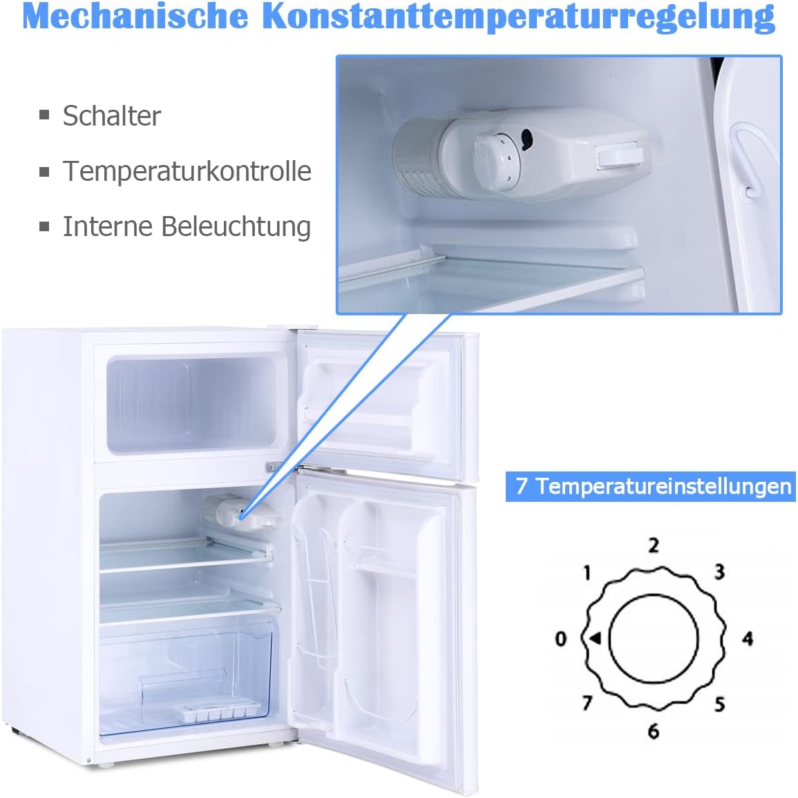 GOPLUS Frigorifero con congelatore - Combinazione frigo-congelatore / Capacità totale 90L, vano congelatore 27L / Termostato regolabile / Illuminazione interna a LED / Cerniera porta reversibile (Bianco)