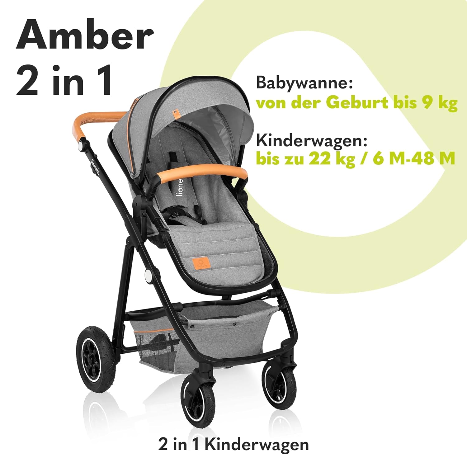 LIONELO Amber Kinderwagen 2 in 1 Kombikinderwagen, Kinderwagen Set mit sportlichen Sitz und fester Babywanne, Tasche, Moskitonetz, Abdeckung Regenblatt (Graphit)