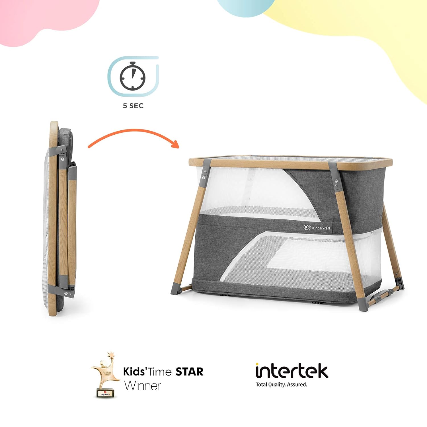 Kinderkraft Culla da Viaggio 4 in 1 SOFI, Culle per Bambini, Lettino, Lettino da Affiancare al Letto, Lettino da Viaggio con Accessori, con Funzione Box, Design Moderno, Dimensioni Ridotte da Piegato, Grigio