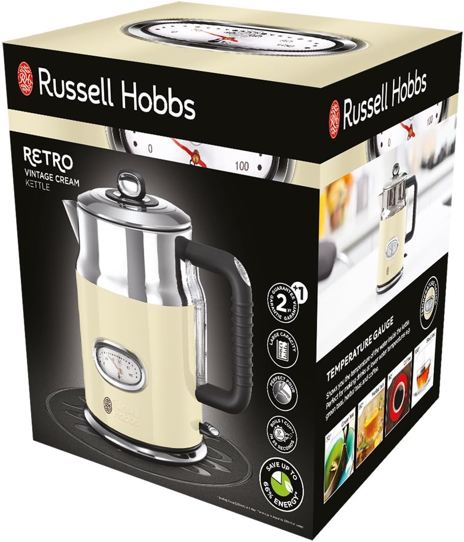 Russell Hobbs Tostapane [per 2 fette] Retro Acciaio Inossidabile Crema (Display Conto alla Rovescia Retro, inclusi pinze per panini, 6 livelli di doratura + funzione scongelamento e riscaldamento, 1300W) Vintage 21682-56