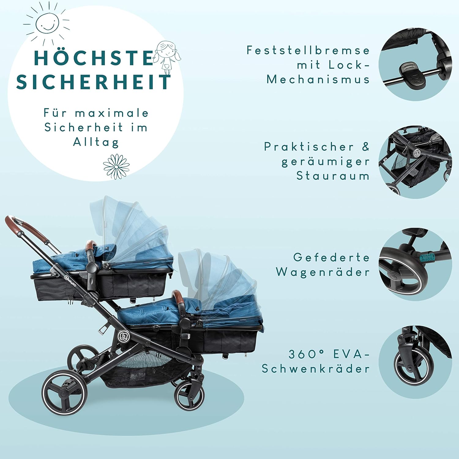 babyGO Passeggino 3 in 1 per gemelli - Passeggino fratellare/Passeggino per fratelli per neonati - Passeggino gemellare/Passeggino per 2 bambini con molti accessori (Blu Melange-senza ovetto)