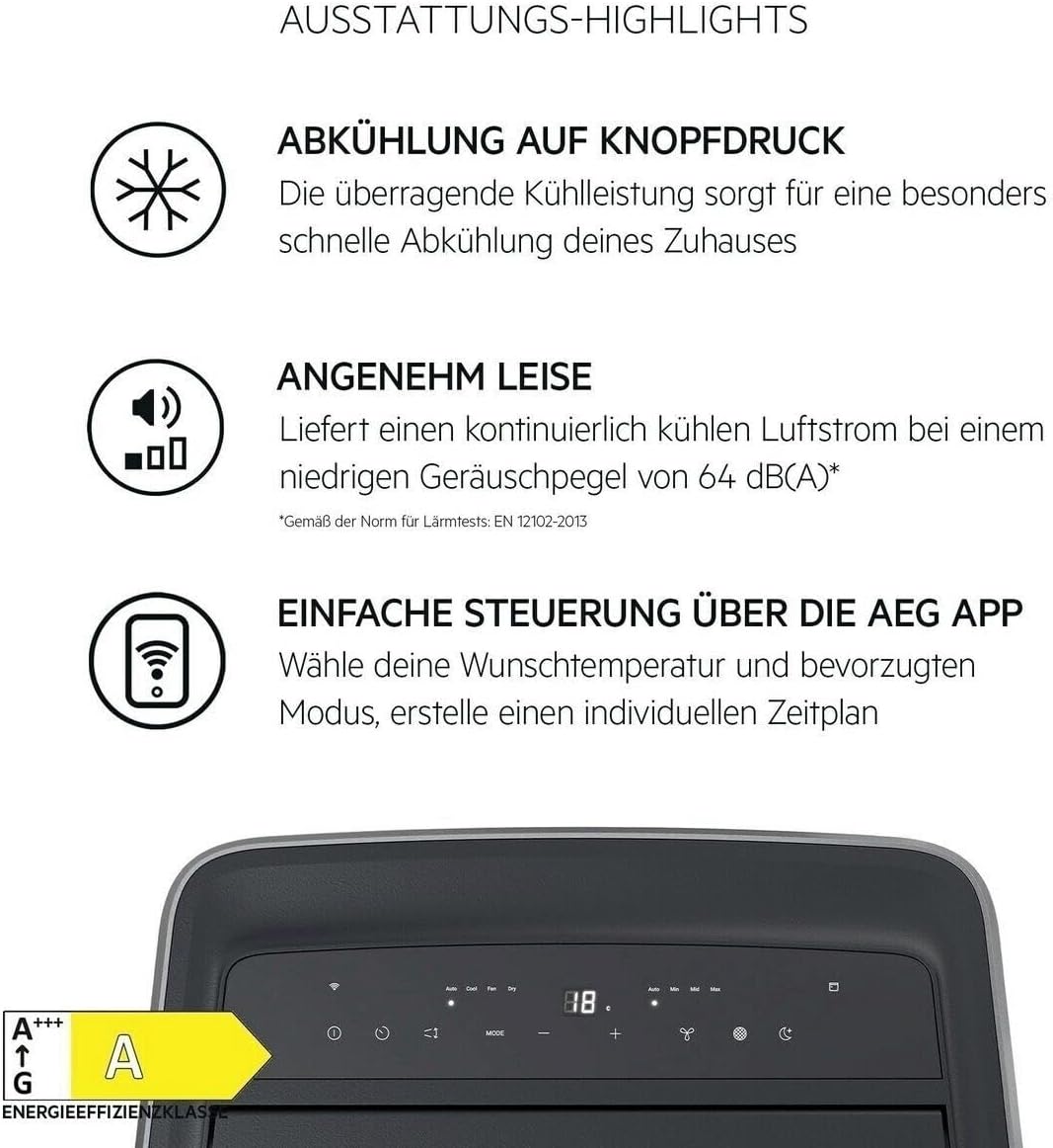 Condizionatore portatile AEG Chillflex Pro AXP26U338CW / display LED / pulsanti touch / telecomando / 30-40 m² / funzione di raffreddamento / ventilatore / funzione di deumidificazione / automatico / bianco/argento/nero