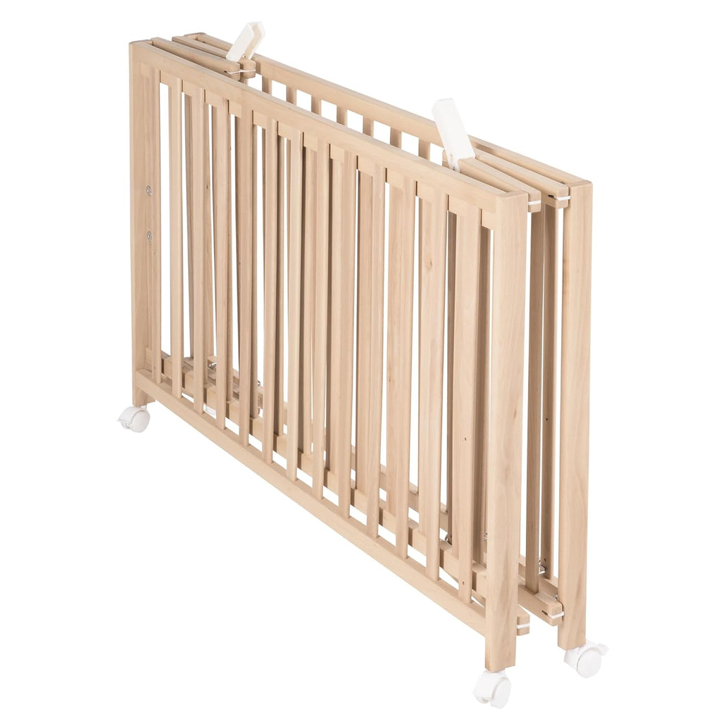 roba Klappbett Fold Up 60 x 120 - Klappbares Babybett aus Holz - 2-fach höhenverstellbar - Platzsparendes Gitterbett auf Rollen - Weiß