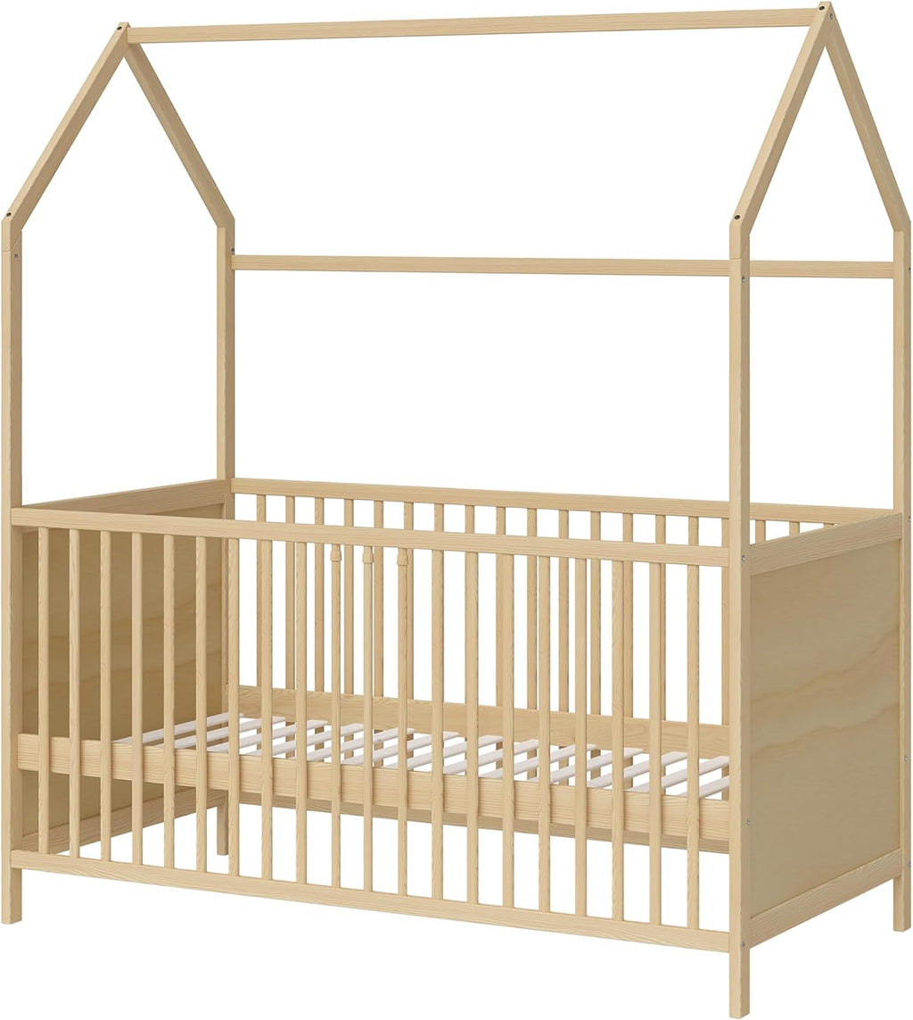 Bellabino Nika Lettino a capanna 70 x 140 cm, letto con sbarre e lettino a capanna per bambini e neonati in pino massiccio bianco, regolabile in altezza su 3 posizioni, incl. rete a doghe
