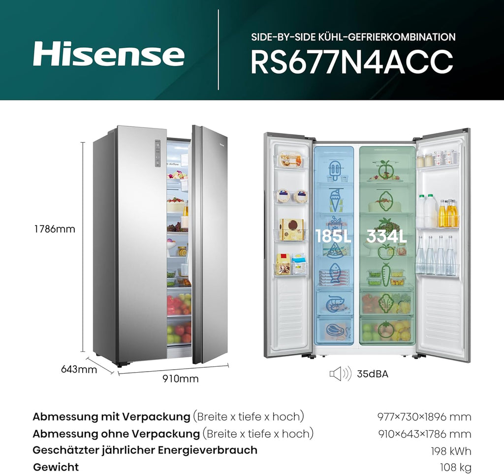 Hisense RS677N4BFD Frigorifero Americano Side by Side / Compressore Inverter / Porta Bottiglie / 2 FreshZone / Vano Verdure / Capacità Frigo 334 L / Capacità Congelatore 185 L / 41 dB / 247 kWh all'anno, Nero