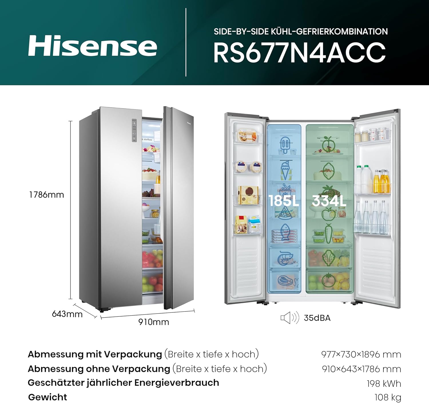 Hisense RS677N4BFD Frigorifero Americano Side by Side / Compressore Inverter / Porta Bottiglie / 2 FreshZone / Vano Verdure / Capacità Frigo 334 L / Capacità Congelatore 185 L / 41 dB / 247 kWh all'anno, Nero