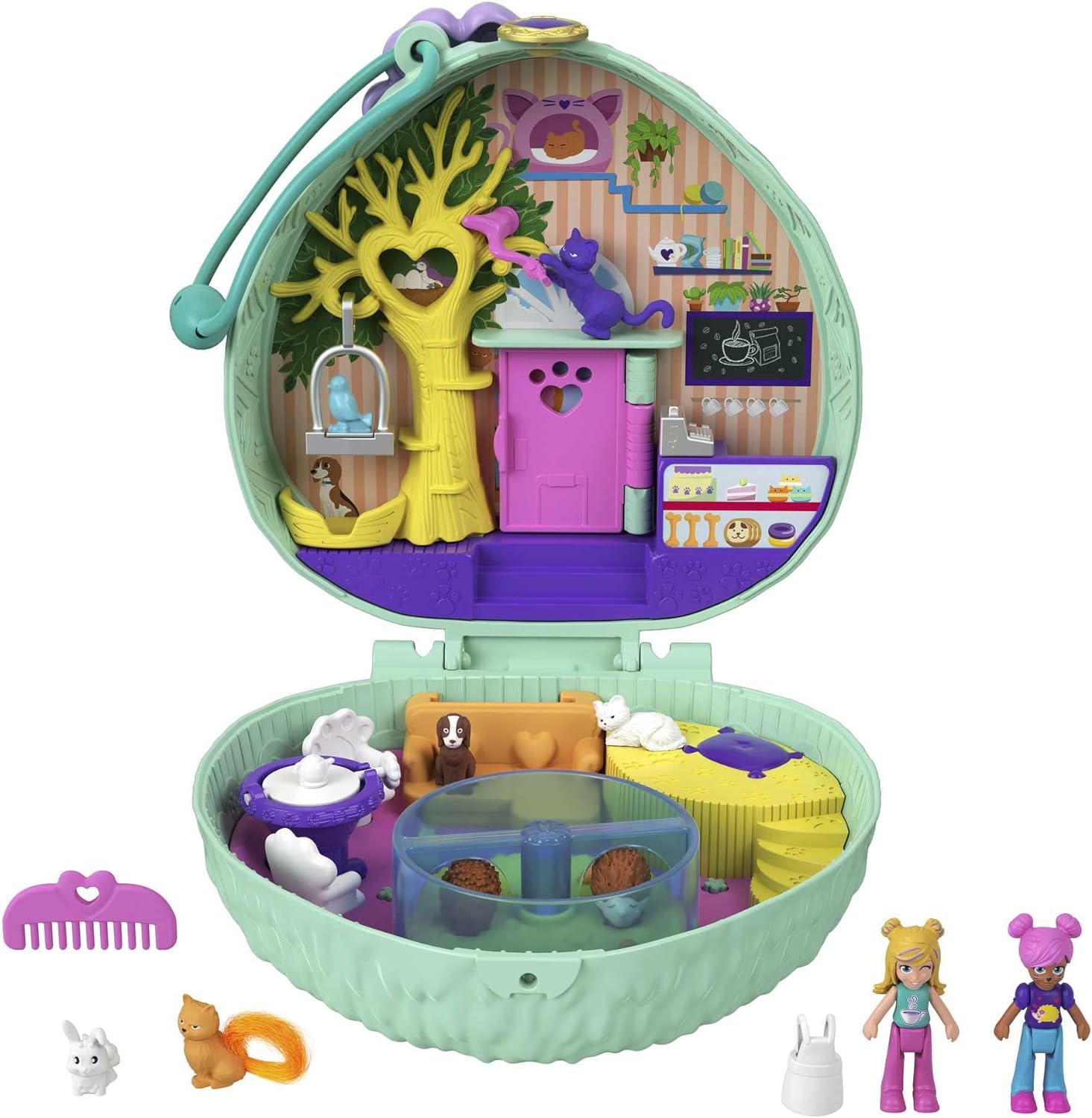 Polly Pocket GTN15 - Valigetta Caffetteria Riccio con Design Caffè e Animali, Mini Bambola Polly e HCG16 - Acquario Lontre, Tema Acquario con Micro Bambole Polly e Nicolas, 5 Sorprese e 12 Accessori