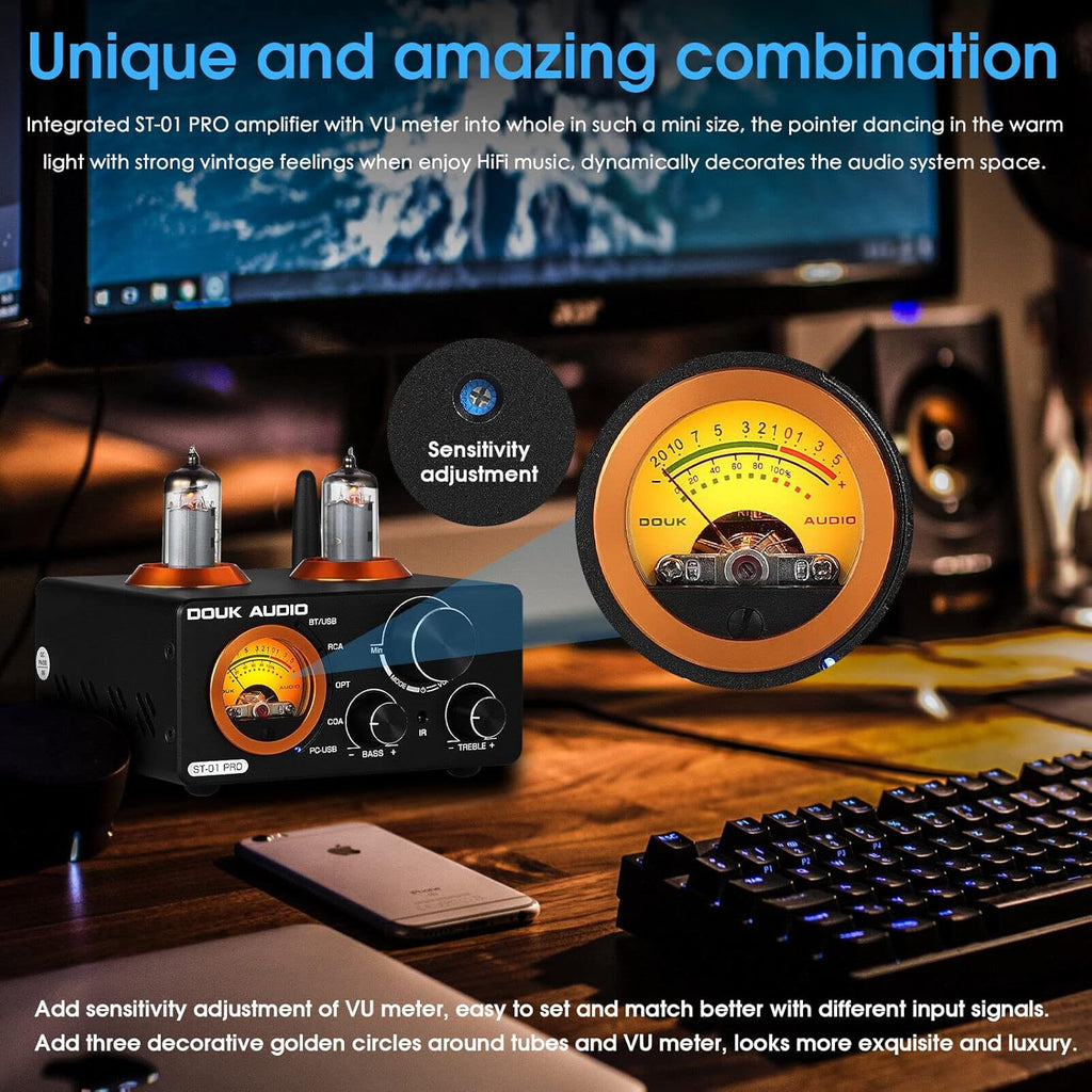 Douk Audio ST-01 PRO Amplificatore HiFi, Mini Amplificatore a Valvole da 200W con Bluetooth 5.0, VU Meter, Ingresso USB DAC Coassiale/Ottico (ST-01PRO)