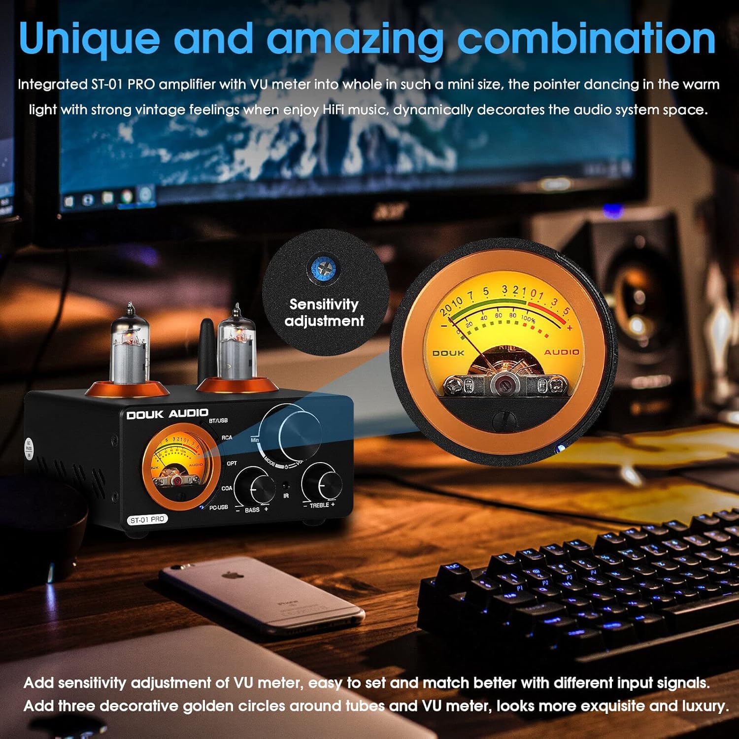 Douk Audio ST-01 PRO Amplificatore HiFi, Mini Amplificatore a Valvole da 200W con Bluetooth 5.0, VU Meter, Ingresso USB DAC Coassiale/Ottico (ST-01PRO)