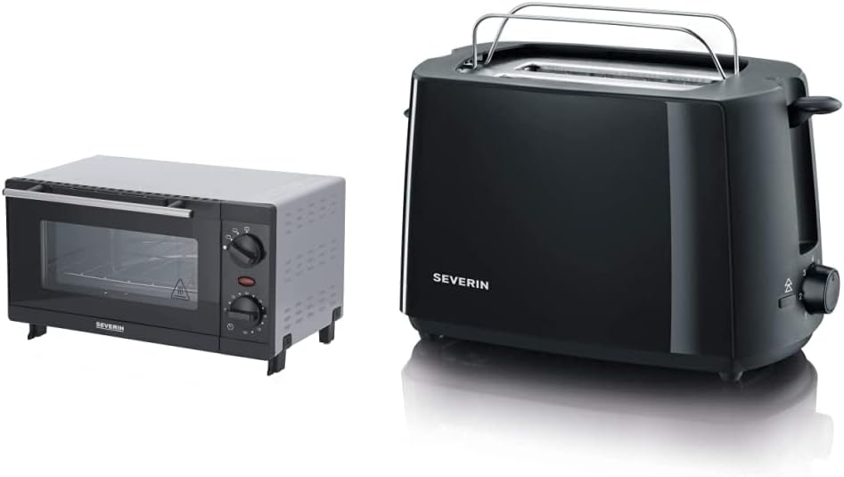 SEVERIN TO 2052 Forno tostapane (800 W, incl. griglia e teglia da forno, 9 L) argento/nero e 2287-000 Tostapane automatico, incl. supporto per panini, 2 fessure, 700 W, AT 2287, nero